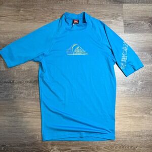 Quiksilver Mens Rash Guard Short Sleeve Blue Graphic Logo Swim Shirt Large